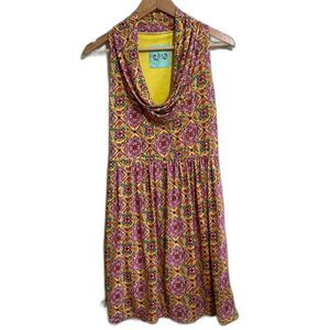 Judith March yellow pink printed floral fall bright cowl neck dress L